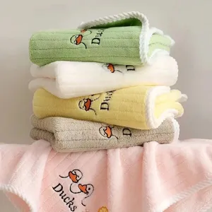 Cute Cartoon Duck Embroidered Coral Fleece Kids Hand Towel Soft Absorbent Hanging Face Towel For Children Home Bathroom