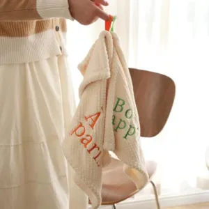 French style white coral fleece hanging hand towel with colorful embroidery for kitchen