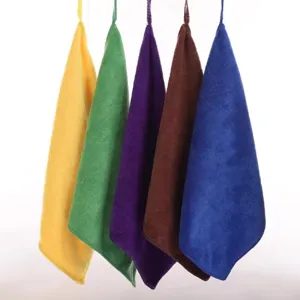 Detail showing a set of five vibrant microfiber cleaning cloths hanging by loops.