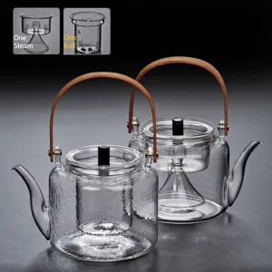 Teiera In Vetro Borosilicato Martellato Grande Capacità Con Manico In Bambù Bollitore Per Tè Ai Fiori Resistente Al Calore Uso Doppio