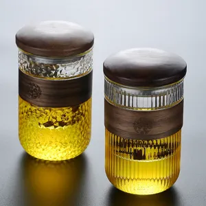 Hammered Ribbed Borosilicate Glass Tea Mug With Wood Insulation Infuser And Lid Office Tea Water Separation Cup