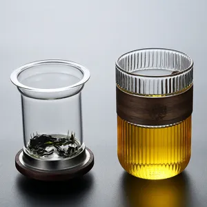 Ribbed borosilicate glass tea cup set with wooden heat insulation sleeve and infuser