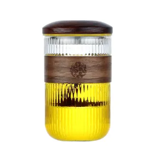 Ribbed borosilicate glass tea cup with wooden lid and heat-insulated wooden grip