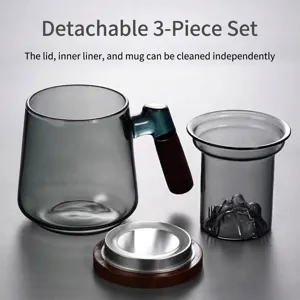 Detachable 3-piece glass tea mug set with infuser and wooden handle