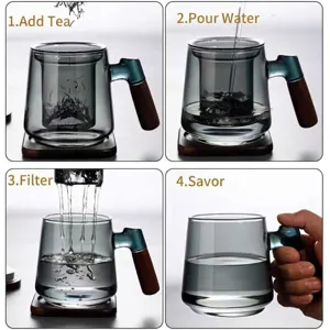 Smoke gray glass tea infuser mug with wooden handle showing 4-step brewing process.