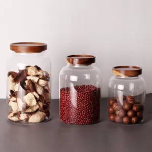 Bocal de Stockage Moderne en Verre Borosilicaté Avec Couvercle en Bois d'Acacia Récipient Hermétique Rond Transparent Cuisine