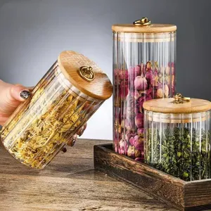 Bocaux en verre strié avec couvercles en bambou hermétiques et anneaux dorés pour thé