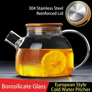 Heat Resistant High Borosilicate Glass Water Pitcher With Bamboo Lid Stainless Steel Liner Large Capacity Cold Water Juice Jug