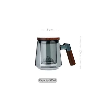 500ml heat-resistant grey glass tea mug with wooden lid and handle infuser strainer