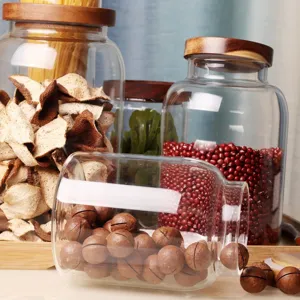 Pot de stockage en verre transparent avec couvercle en bois d'acacia étanche cuisine
