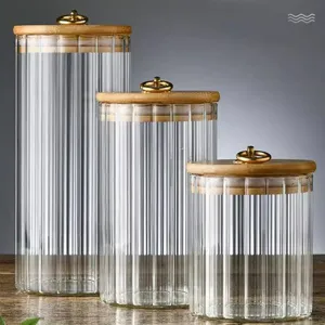 Lot de 3 bocaux de rangement en verre rayé avec couvercles en bambou et anneaux dorés
