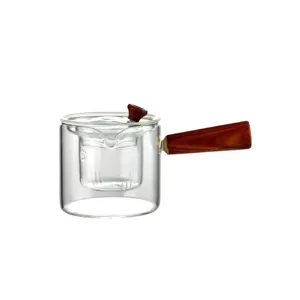 Théière en verre borosilicate avec manche en bois latéral pour infusion de thé noir