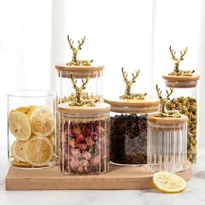 Modern Borosilicate Glass Food Storage Jar With Airtight Bamboo Lid Golden Elk Reindeer Decor Ribbed Sealed Canister For Kitchen Pantry