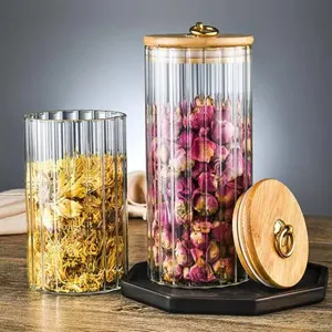 Bocaux de rangement en verre strié avec couvercles en bambou hermétiques et anneau doré