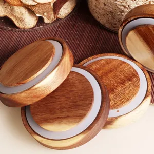 Couvercle de pot de stockage en bois d'acacia avec joint en silicone, couvercle rond en bois.