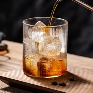 Premium heat-resistant ribbed glass cup for iced Americano and specialty coffee drinks