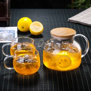 High-quality heat-resistant borosilicate glass pitcher set with bamboo lid and matching cups