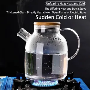 Heat resistant high borosilicate glass pitcher with bamboo lid heating on a gas stove