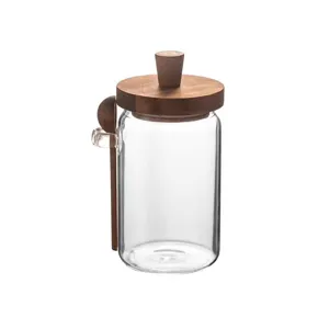 Minimalist high borosilicate glass seasoning jar with wooden lid and matching spoon