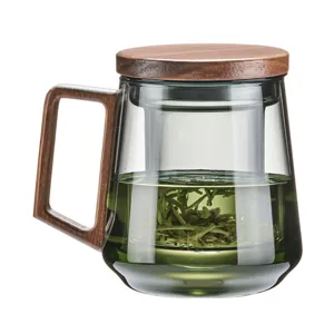 Elegant borosilicate glass tea mug with natural wood handle and integrated glass infuser