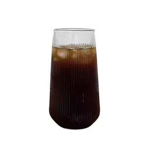 Elegant ribbed high borosilicate glass cup for iced coffee milk and large capacity drinks