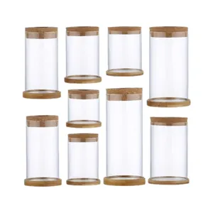 Tarros de cristal de borosilicato con tapas de corcho y bases madera para decoración