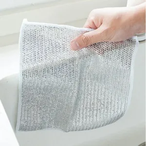 Torchon en Microfibre à Fil d'Argent Chiffon de Nettoyage de Cuisine Double Face Absorbant Éponge à Récurer Antiadhésif Anti-Huile pour Casserole Bol Poêle