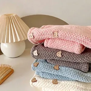 Stacked multi-color thick absorbent coral fleece hair drying towels with cute bear buttons