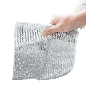 Durable silver wire dishcloth for non-stick kitchen cleaning and scrubbing tasks.