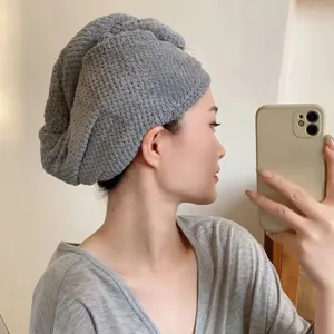 Super Absorbent Coral Fleece Dry Hair Cap Pineapple Grid Thickened Quick Dry Hair Turban With Bear Button For Women Wrap Towel
