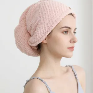 Bonnet de Séchage de Cheveux Femme Épais Séchage Rapide Polaire Corail Absorbant Serviette Motif Gaufre Avec Bouton Ours Mignon