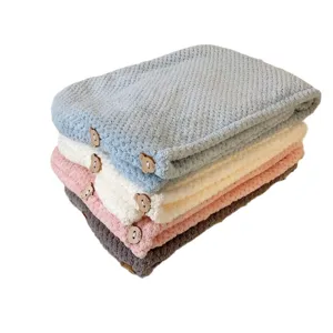 Soft absorbent coral fleece pineapple grid hair drying towel set with bear buttons