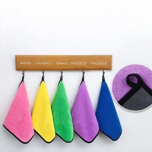 Close-up detail showing the integrated hanging loops on multi-color microfiber cleaning rags
