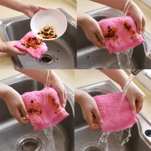 Step-by-step demo of pink wood fiber dishcloth cleaning oil stains under running water
