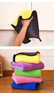 Macro detail view of colorful stacked thick microfiber cleaning cloths for kitchen use