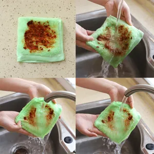 Detailed demonstration of green wood fiber dishcloth removing heavy oil stains under water
