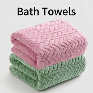 Pack of 2 quick-dry thick bath towels with textured zigzag pattern in pink and green