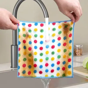 Thickened absorbent microfiber polka dot kitchen dishcloth for efficient oil-free cleaning