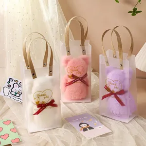 Teddy bear shaped coral fleece towel set in transparent gift bags with handles