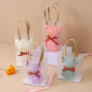 Bear-shaped coral fleece towel gift set in transparent bags for weddings and parties