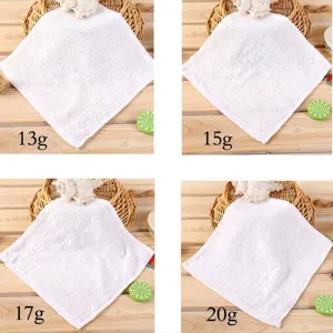 Details of white cotton square towels shown in 13g, 15g, 17g, and 20g fabric weights