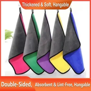 Set of 5 thick absorbent microfiber kitchen towels in vibrant colors with hanging loops.