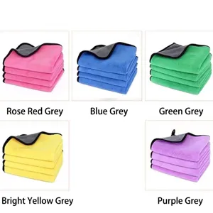 Various colors of absorbent microfiber kitchen cleaning cloths with soft grey borders