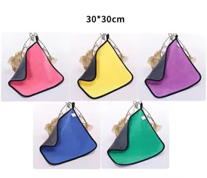 Set of five colorful 30x30cm microfiber cleaning cloths with gray reverse side.