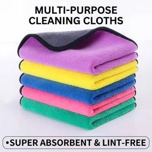 Absorbent and lint-free microfiber cleaning cloths presented in a vibrant multi-color stack