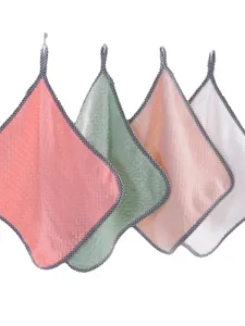 Absorbent coral fleece hanging hand towels in four soft colors with checkered borders.