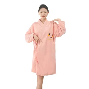 Soft pink pineapple lattice coral fleece bathrobe with cartoon embroidery for women