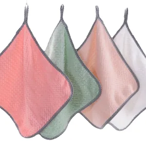 Set of 4 hanging coral fleece hand towels in pastel colors for kitchen cleaning