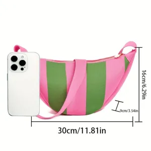 Detailed size specifications for pink and green striped knitted crescent crossbody bag