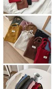 Hand-knitted mini crochet bags in various candy colors and soft woolen texture.